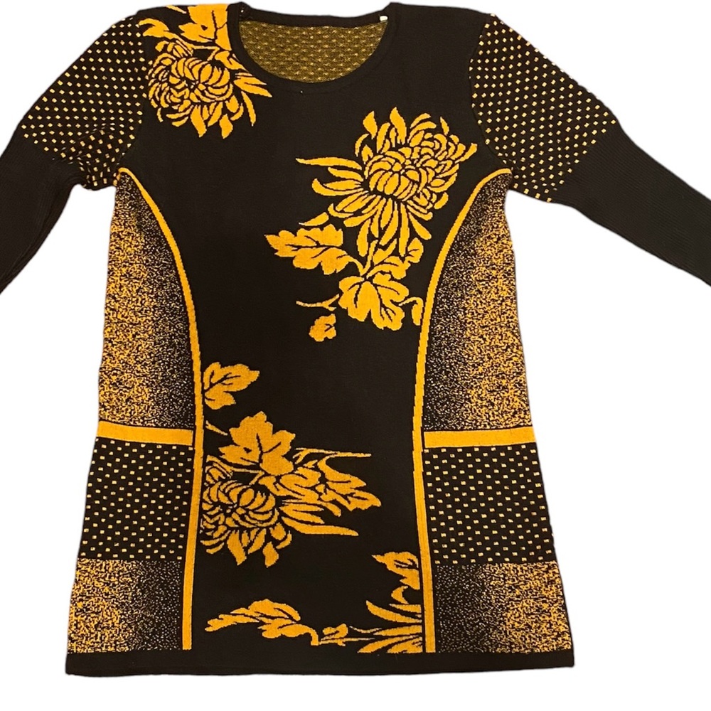 Women Long Sweater Long Sleeves Warm for Winter Black& Yellow Flowers Size M